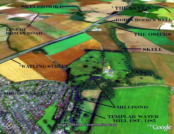 Oblique aerial photograph of Skellow Mill and the Skell